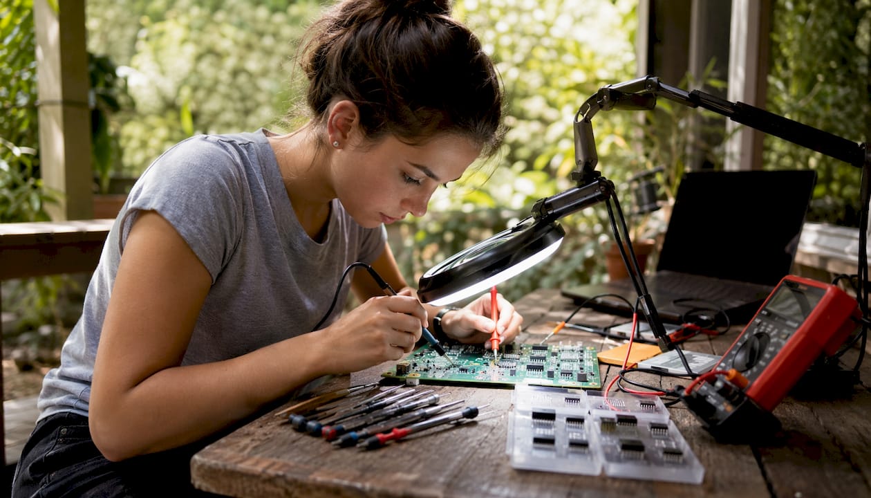 Technician testing digital thermometer IC at workbench