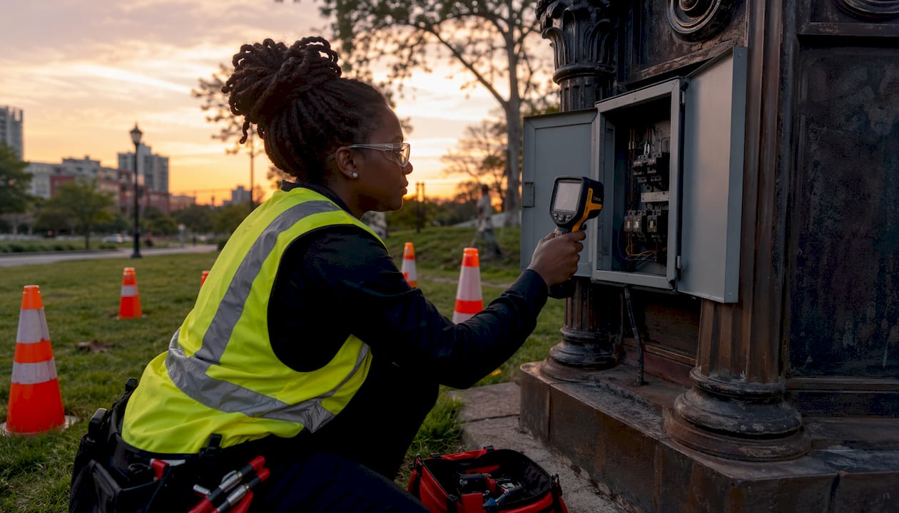 Technician using handheld thermal camera outdoors