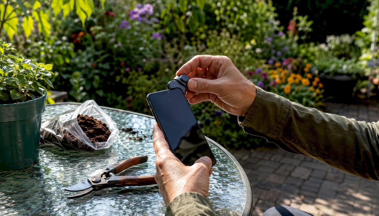 Hands attaching thermal camera to smartphone at home
