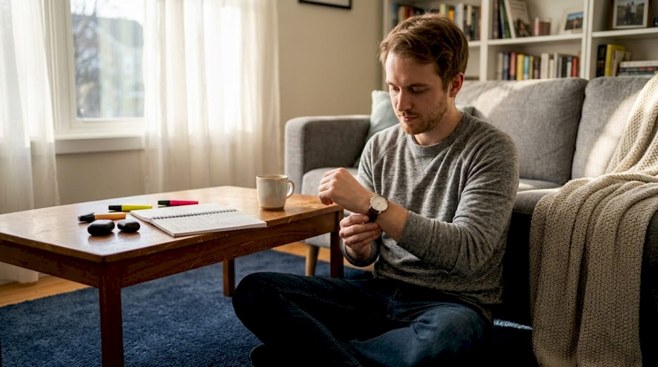 Man preparing morning routine at coffee table
