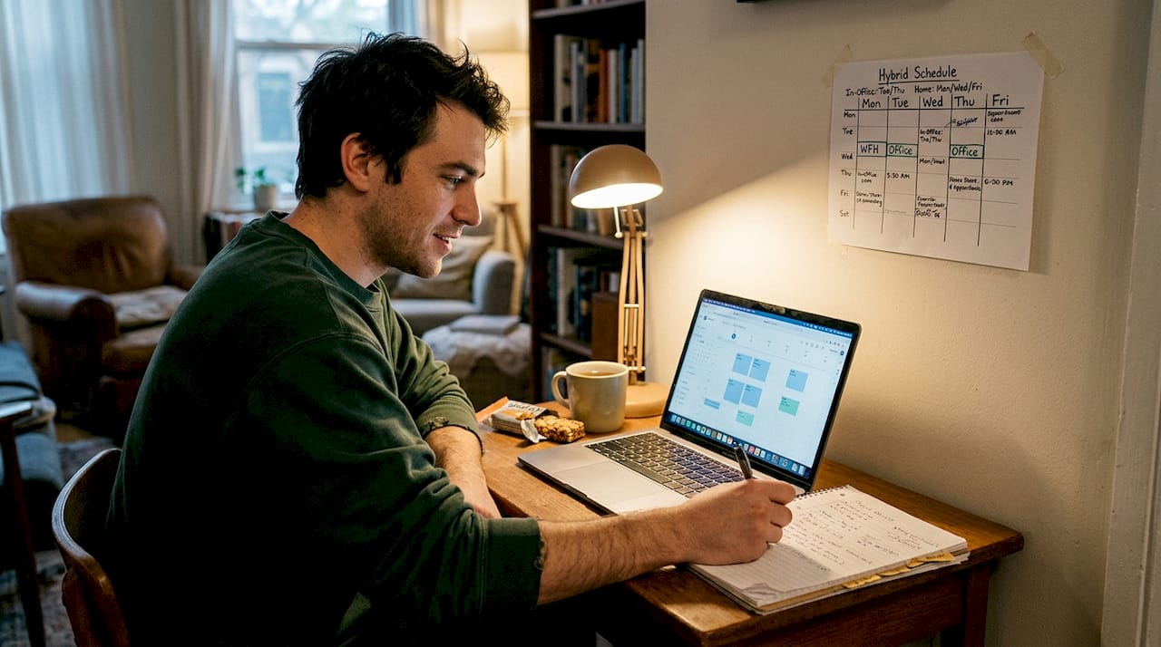Man reviewing flexible weekly schedule at home desk