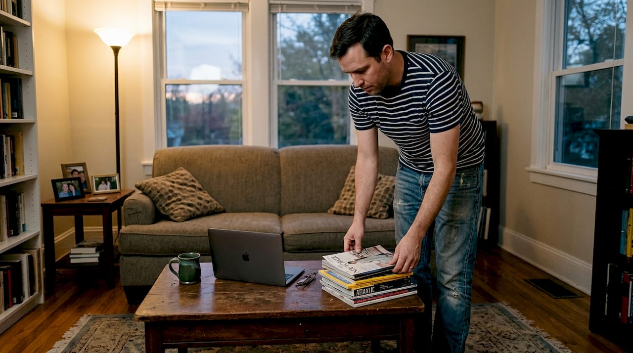 Man organizing living room at night