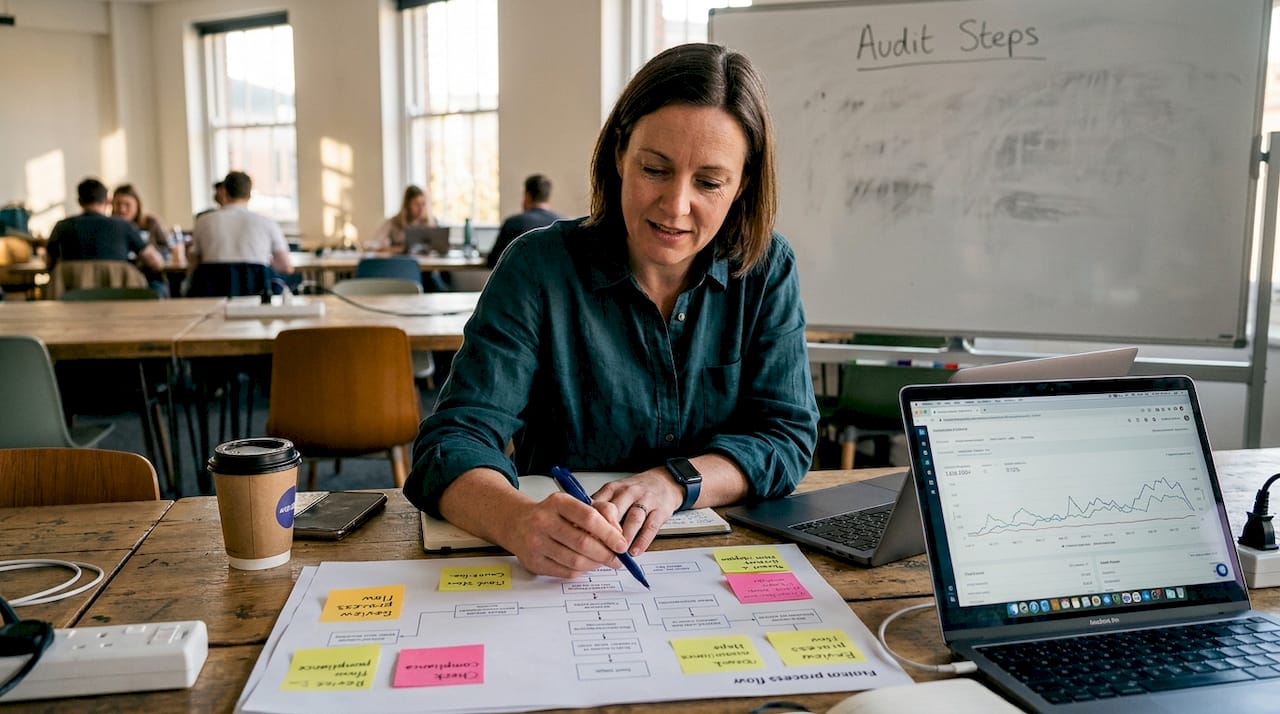 Woman checking crypto audit flowchart at coworking table