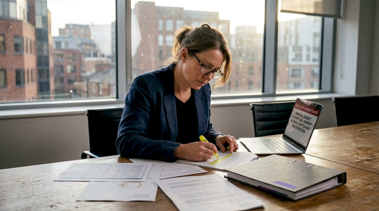 Investigator reviewing crypto fraud documents