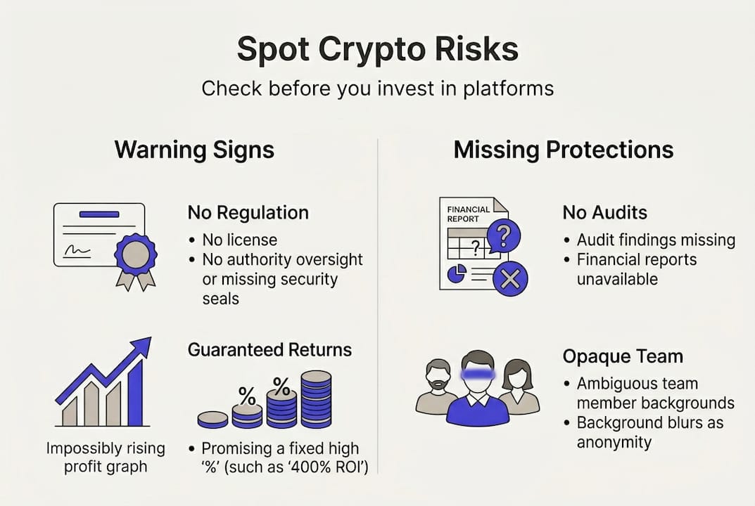 Infographic showing crypto platform risk indicators