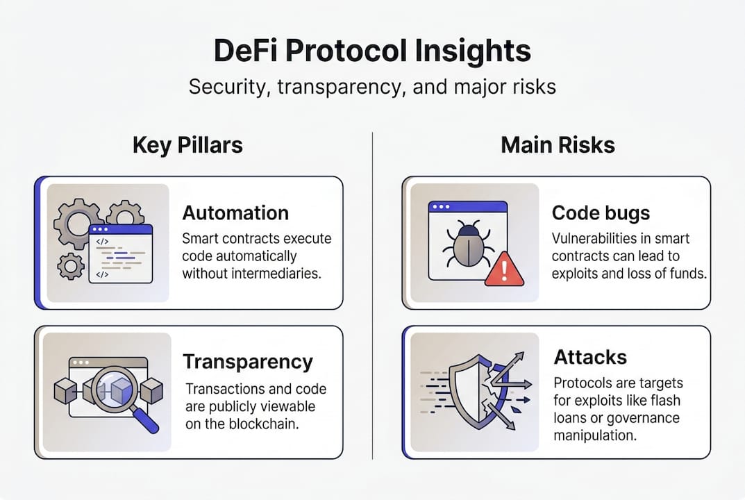 Infographic with DeFi protocol pillars and risks