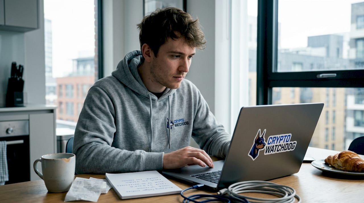 Man reviewing crypto wallet history at kitchen table