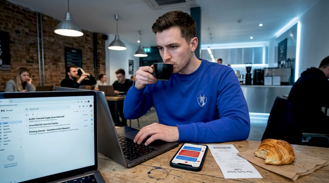 Investor checking laptop for crypto scam signs
