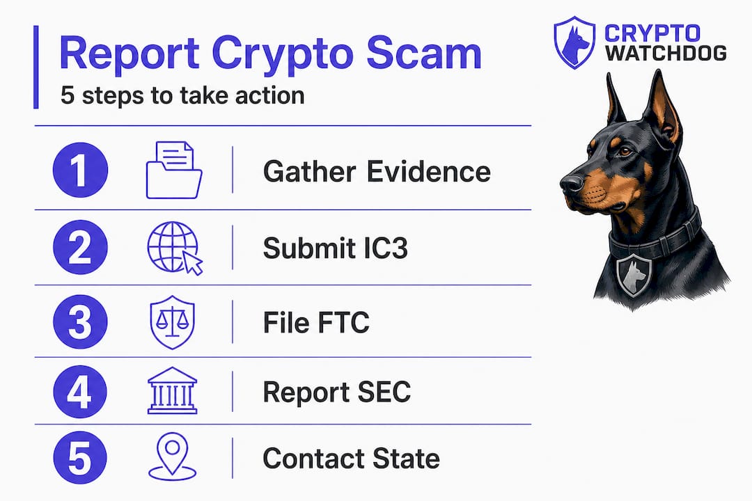 Infographic showing steps to report crypto scam