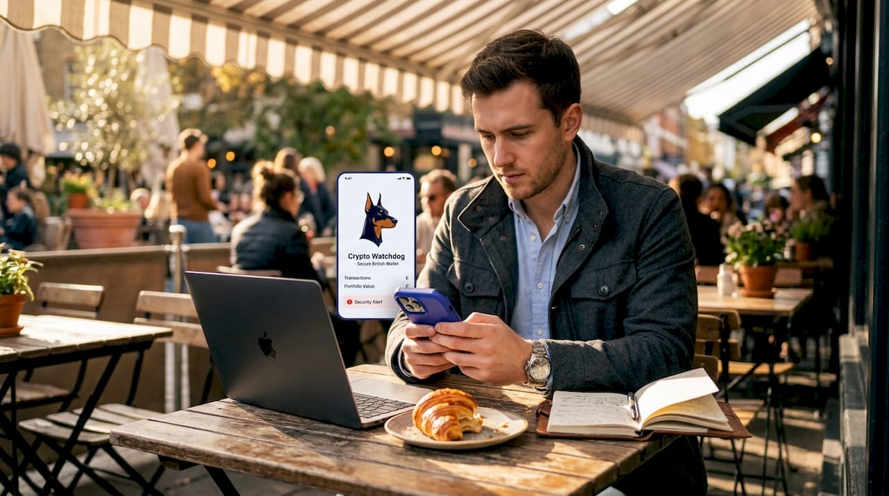 Man using crypto wallet app in café