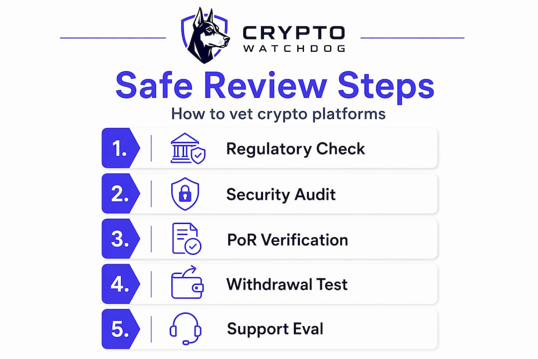 Infographic showing five safe crypto review steps