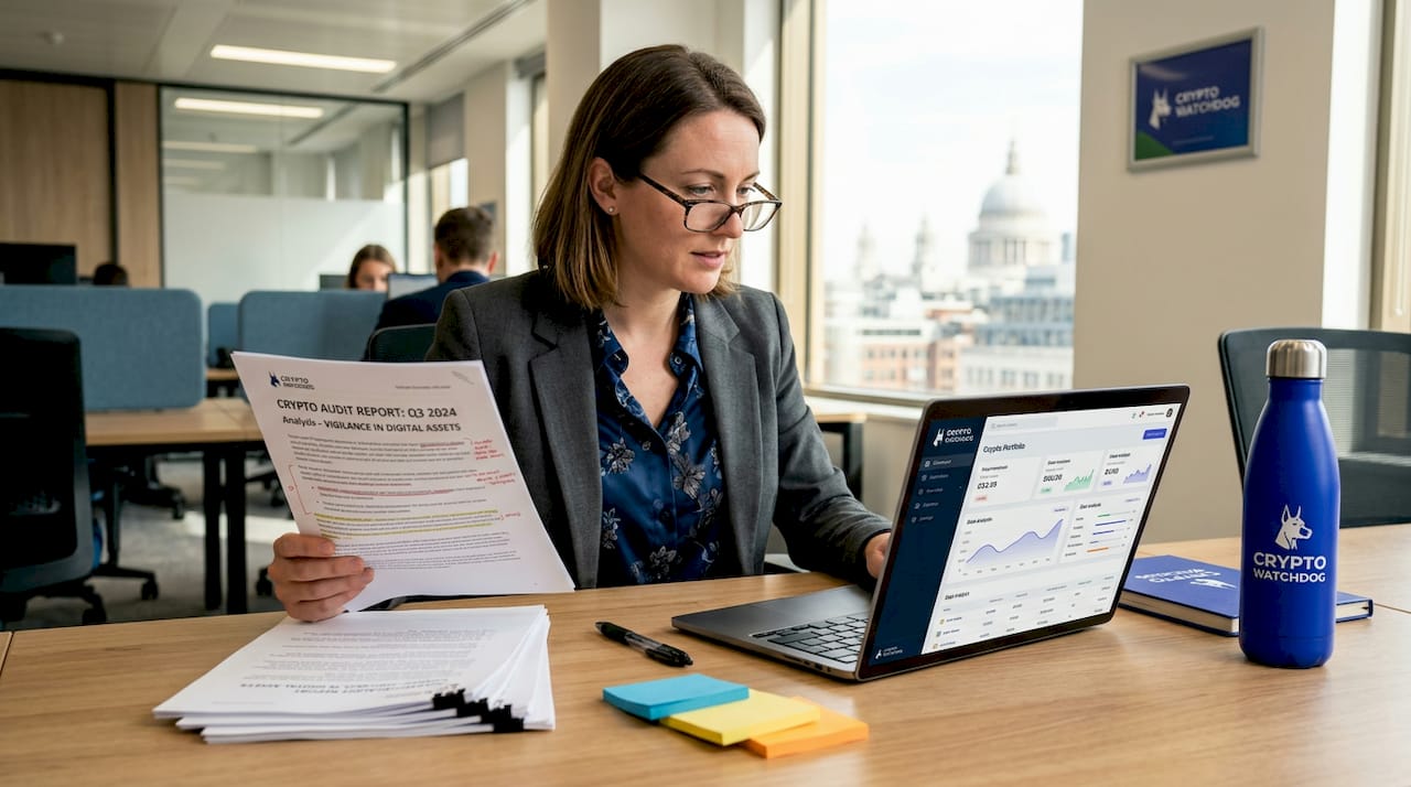 Female analyst reviewing audit report at desk
