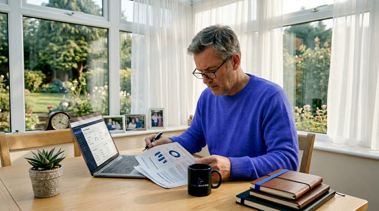 Investor reading crypto audit report in kitchen