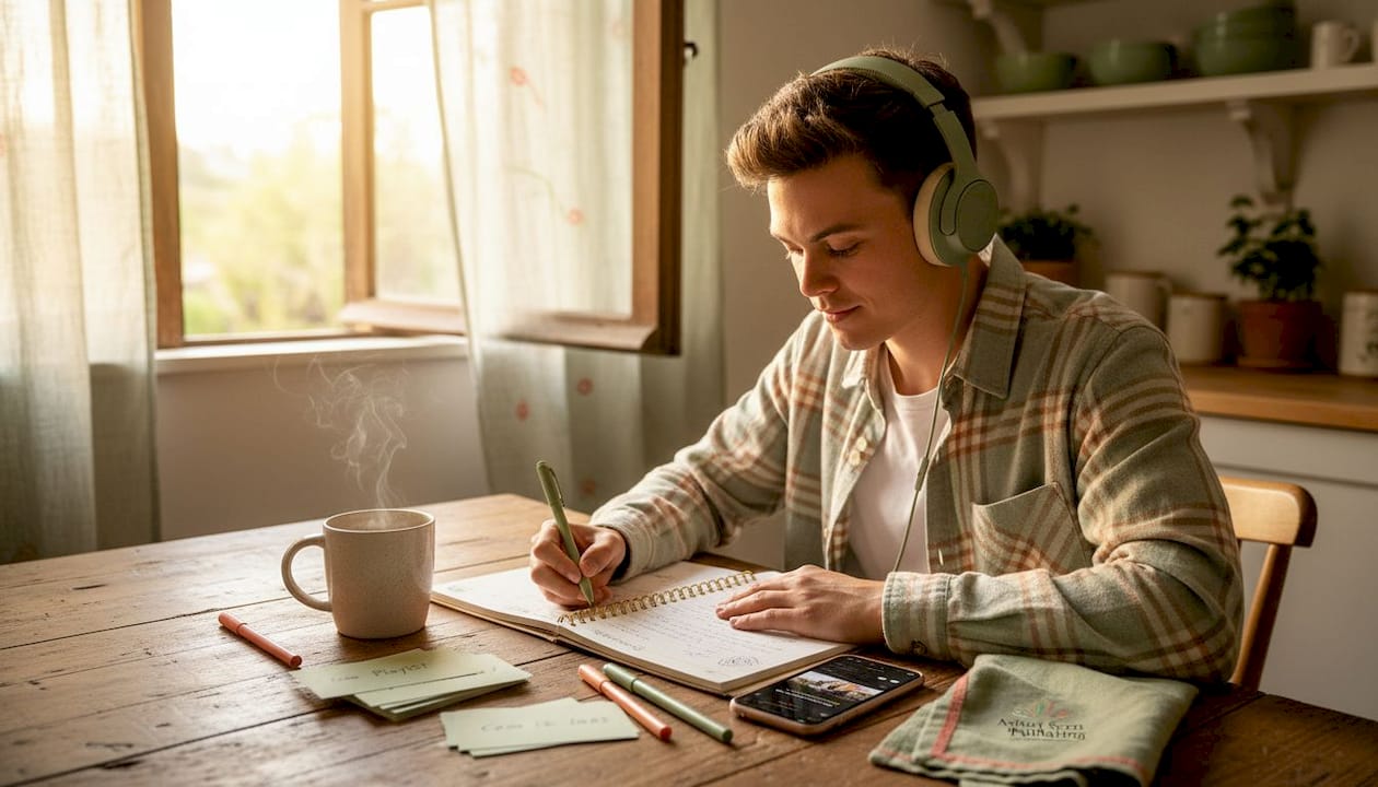 Person journaling while listening to music