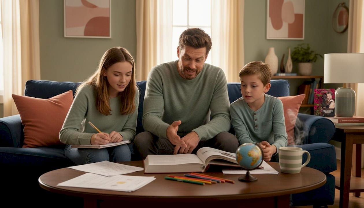 Father guides children with homework in cozy living room