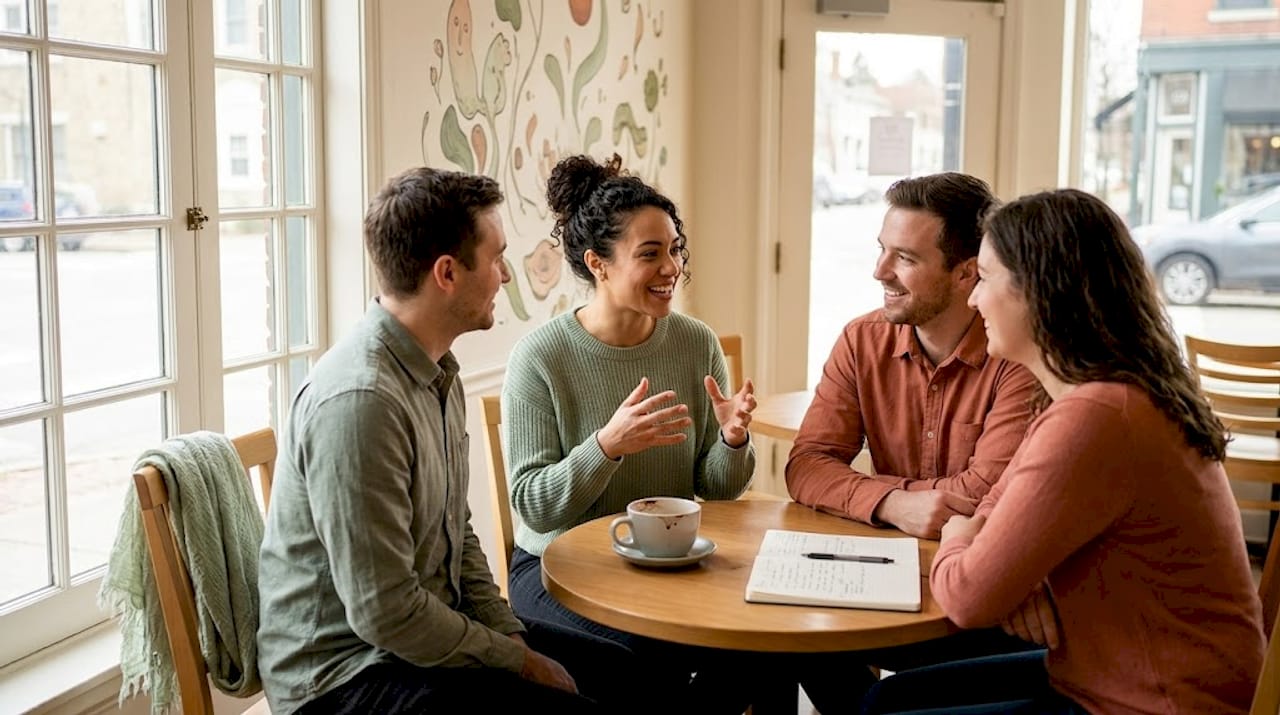 Team sharing feedback in relaxed office discussion