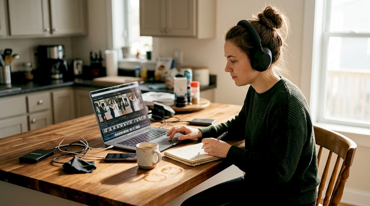 Videographer reviews wedding footage at kitchen island