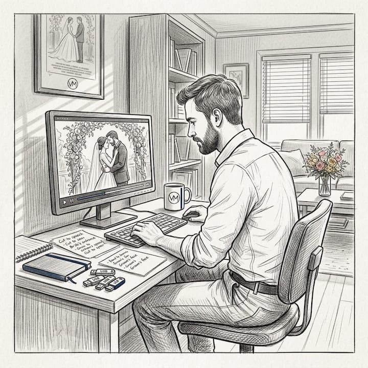 Videographer reviewing wedding footage at home