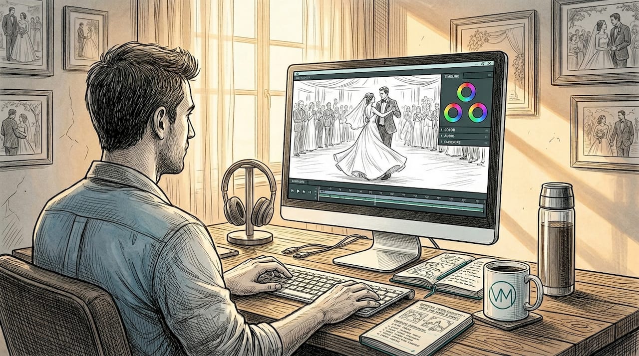 Videographer editing wedding film in home studio