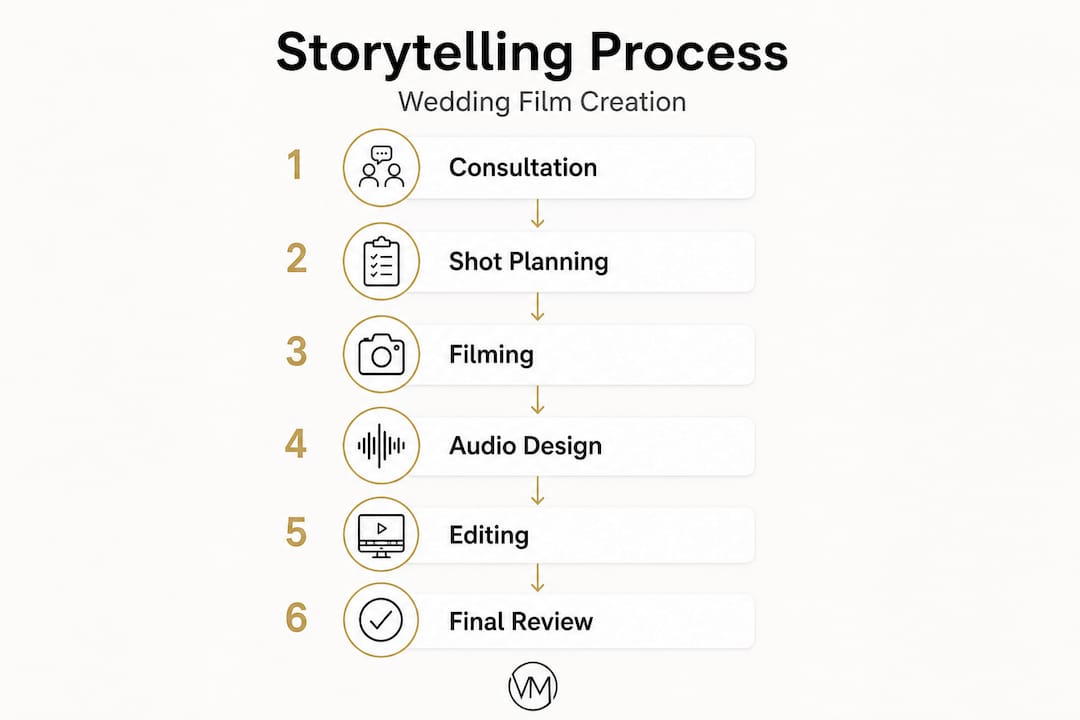 Infographic showing steps in storytelling wedding film process