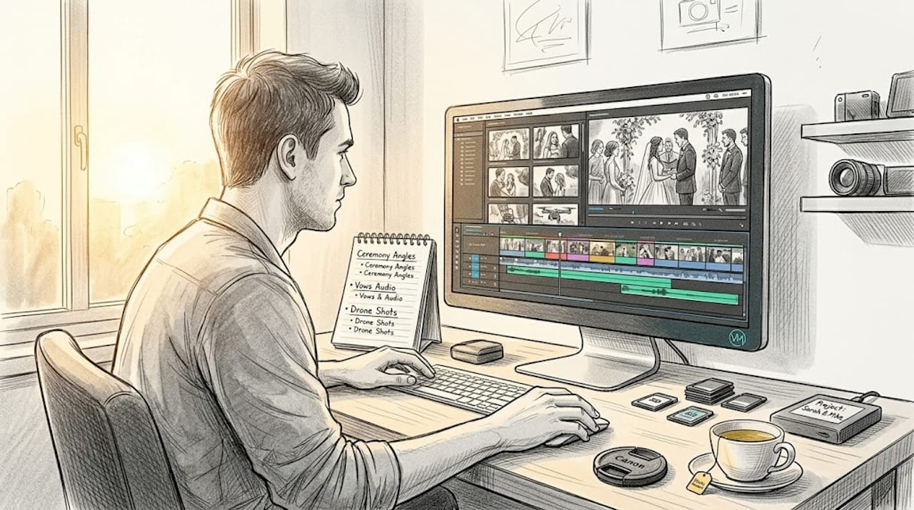 Videographer reviewing raw wedding footage at desk