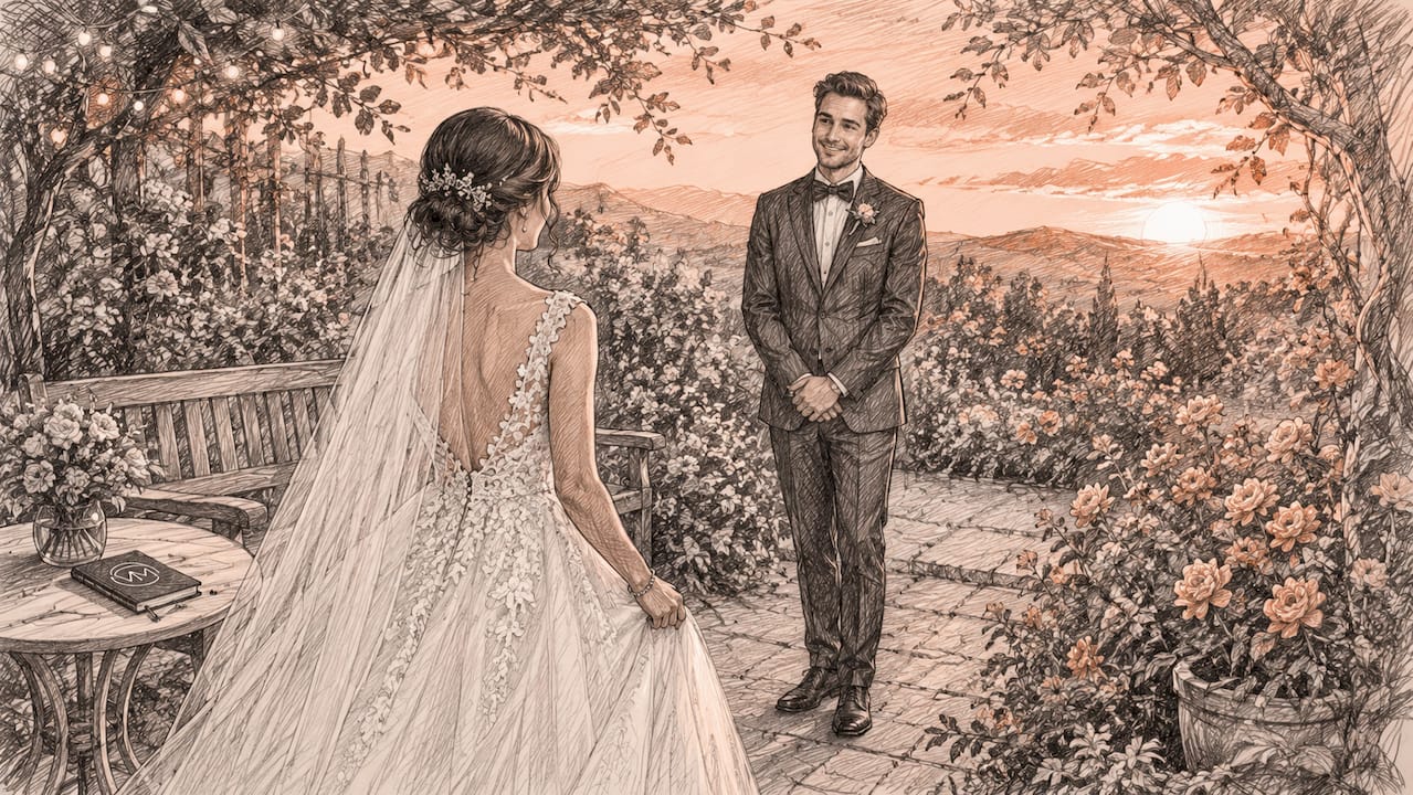 Bride and groom first look outdoors