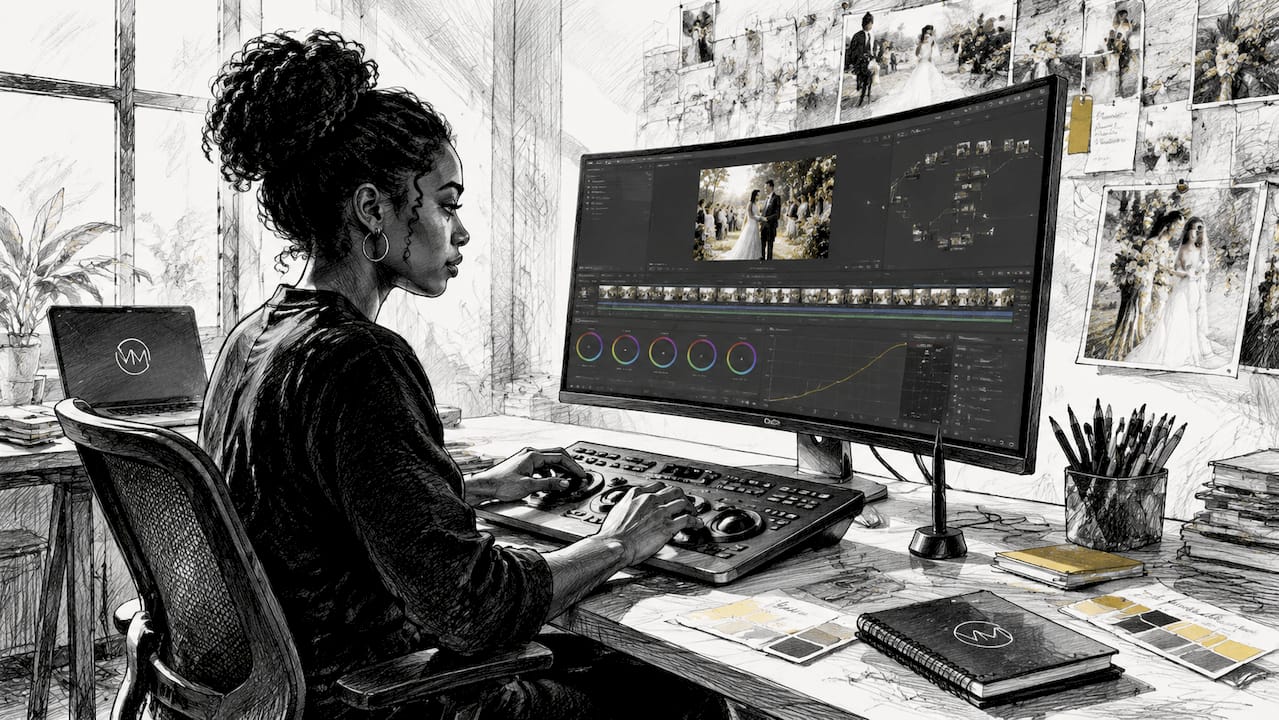Videographer color grading wedding footage