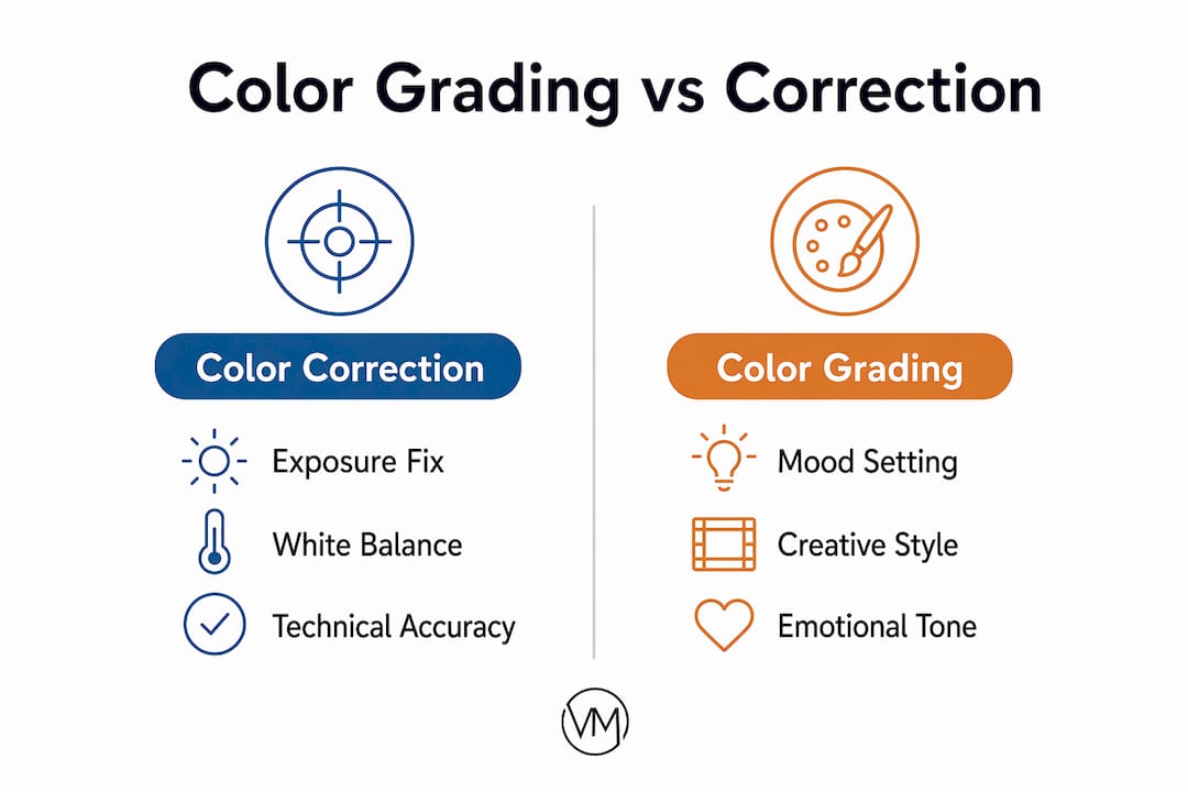 Infographic comparing color grading and color correction