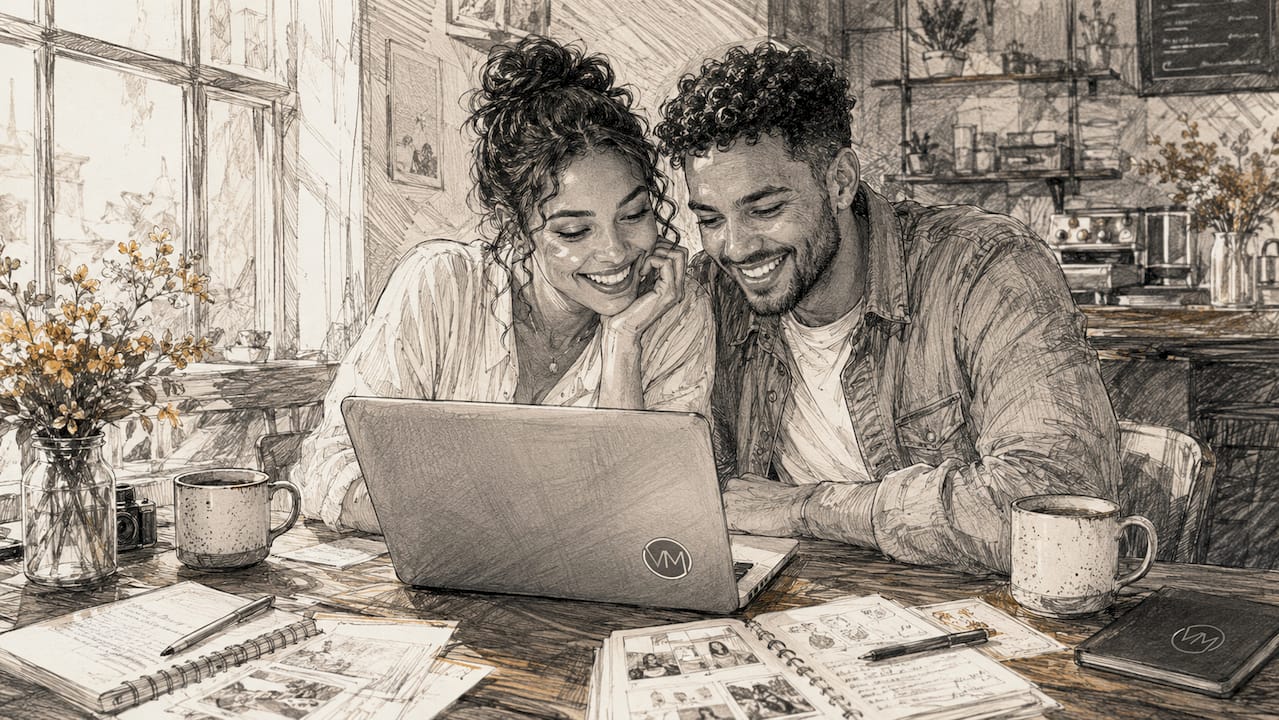 Couple watching wedding video previews