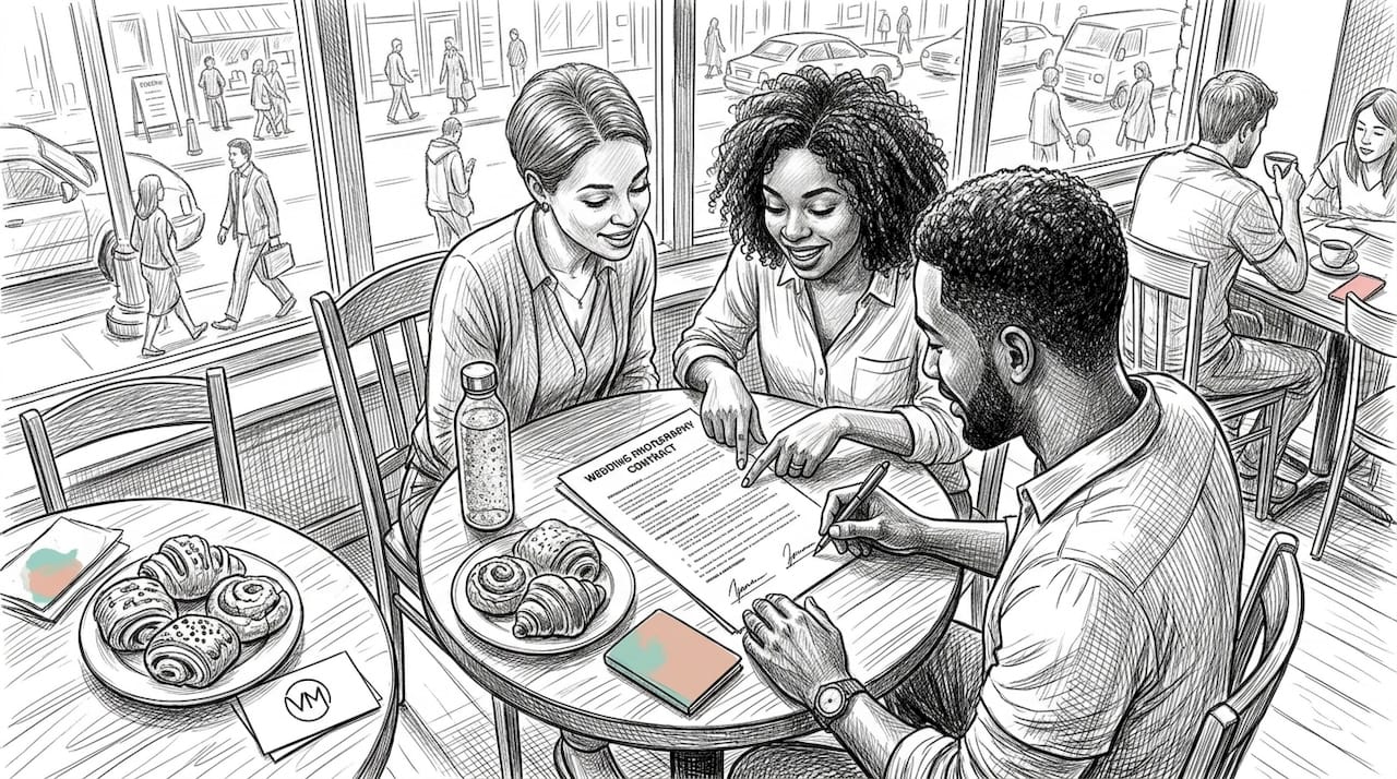 Couple reviewing and signing photography contract