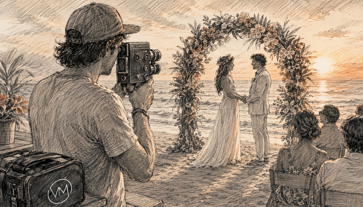 Videographer filming wedding with Super 8 camera