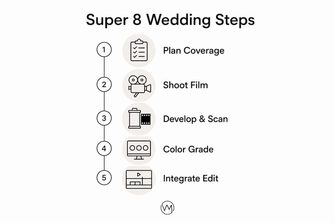 Infographic outlining Super 8 wedding filming steps