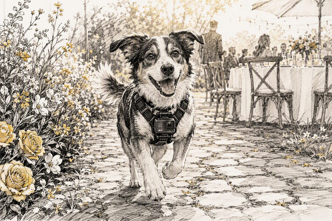 Dog walking down wedding aisle with attached action camera