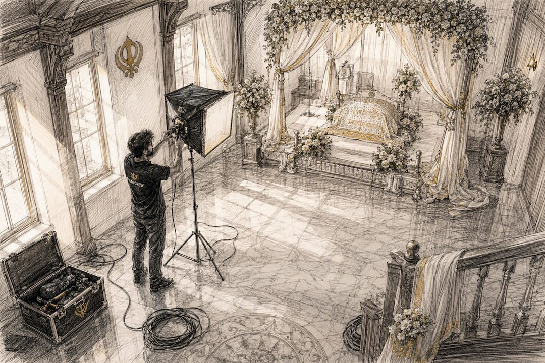 Filmmaker adjusting lighting for Sikh wedding videography