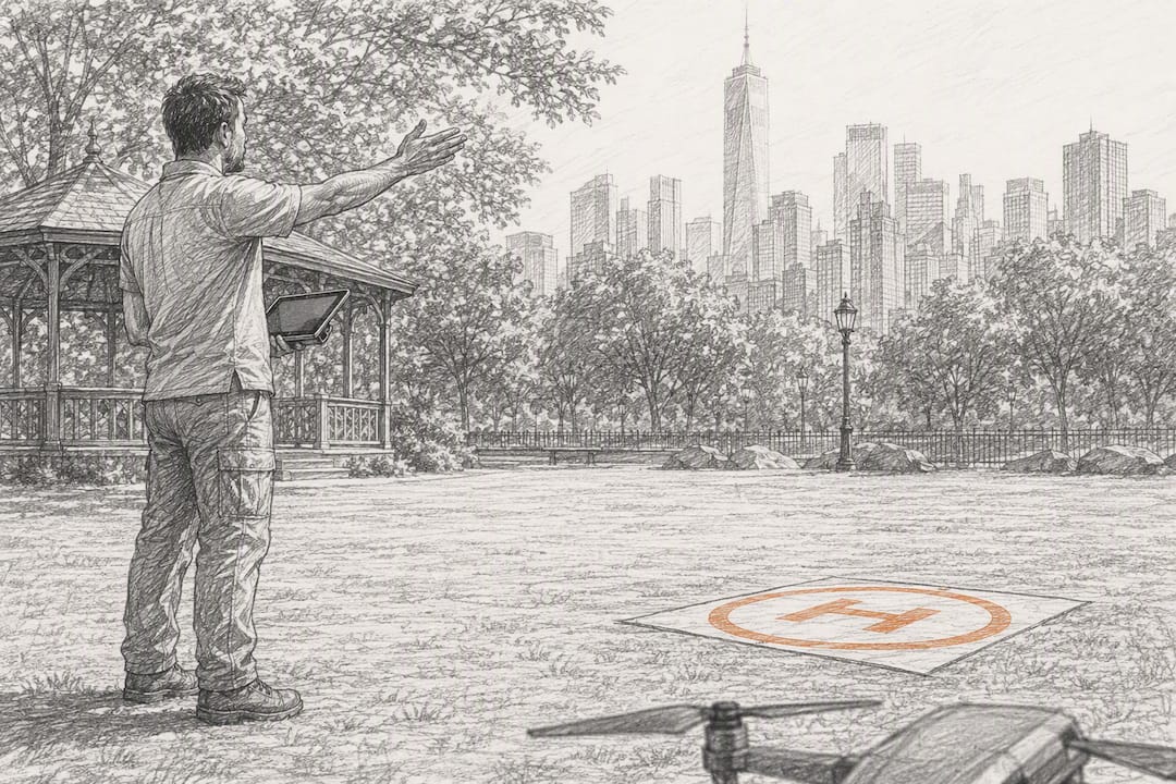 Operator inspecting a park drone launch area