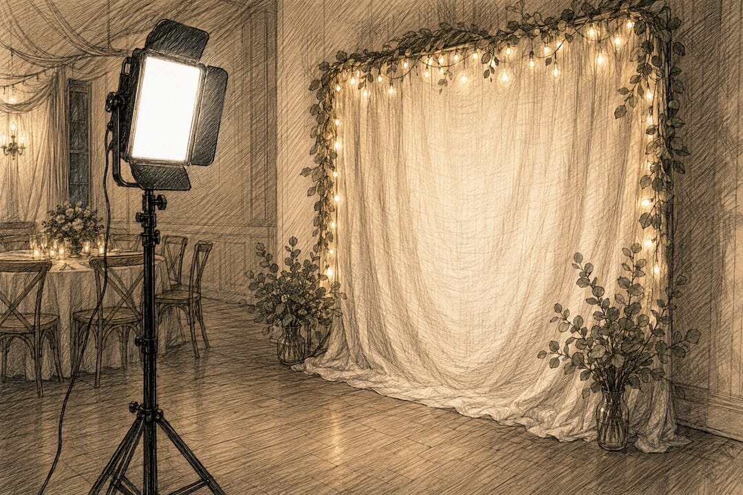 Warm light illuminating a wedding backdrop