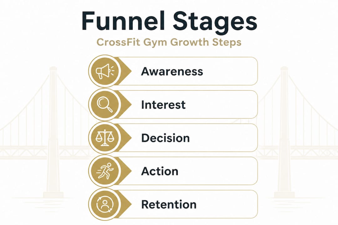 Infographic with five stages of gym funnel