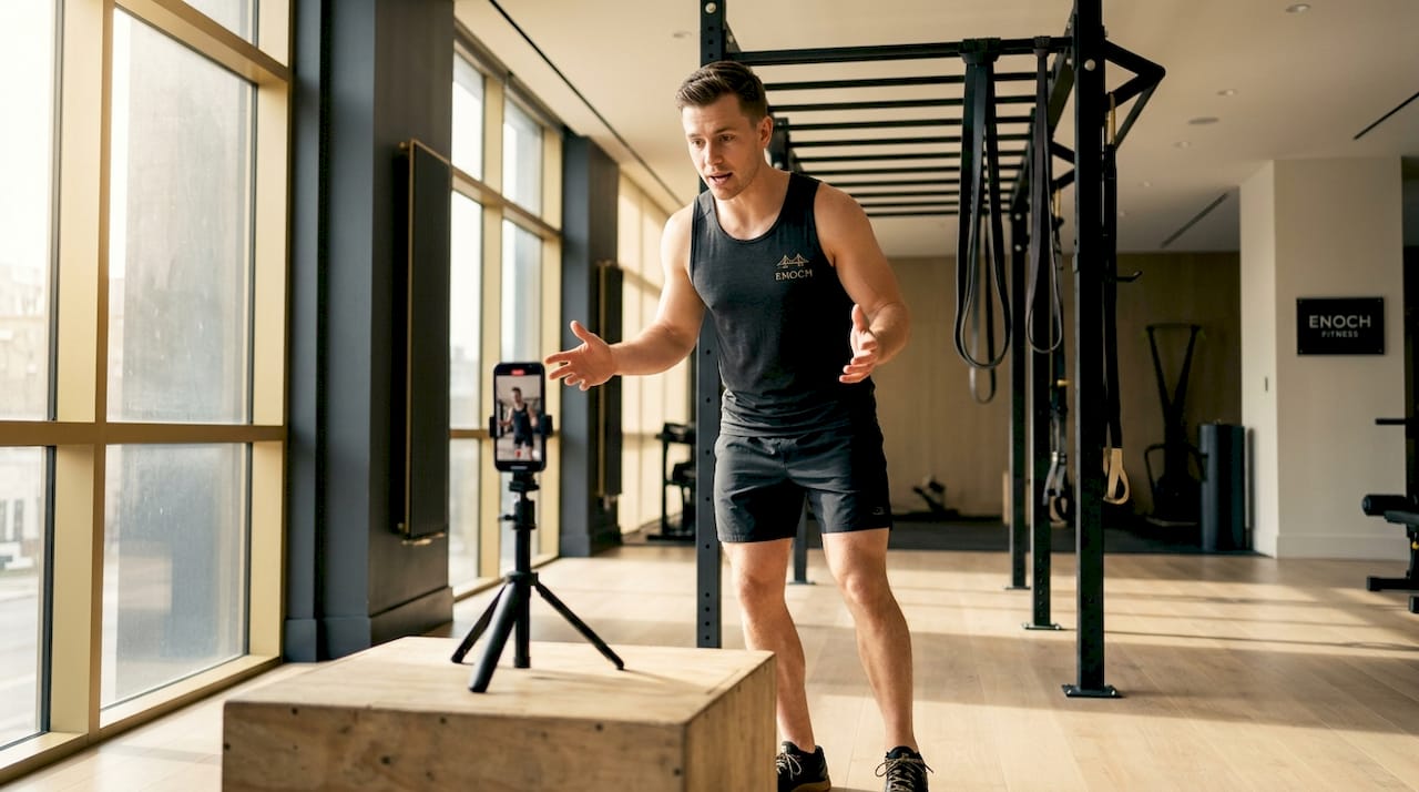 Coach recording video tip in gym corner