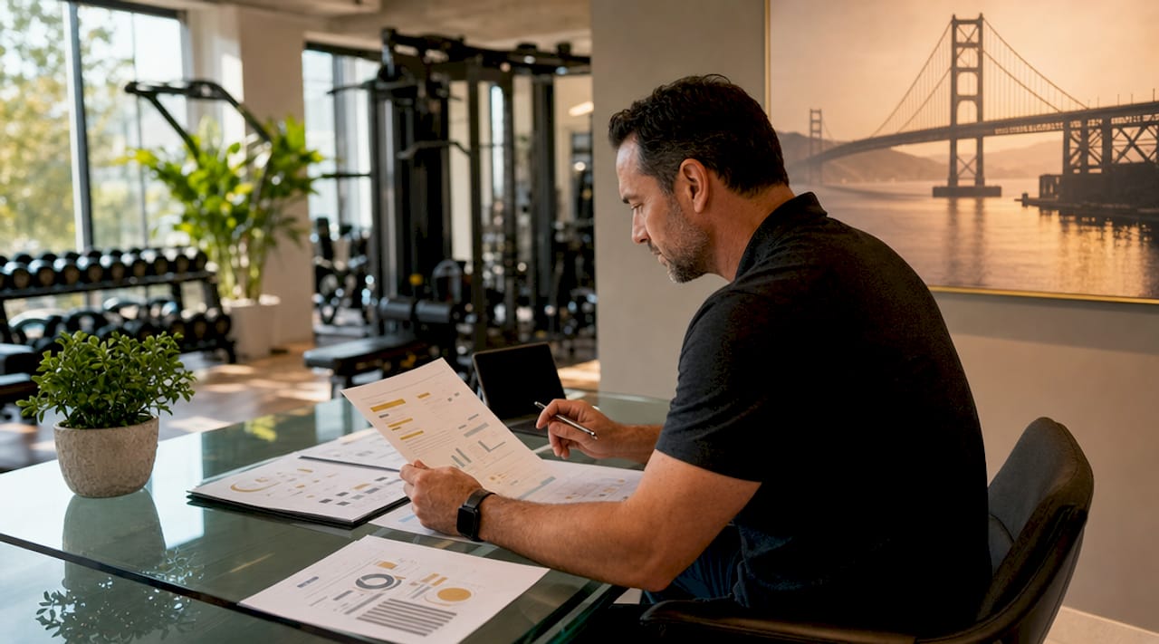 Gym manager analyzing local SEO documents