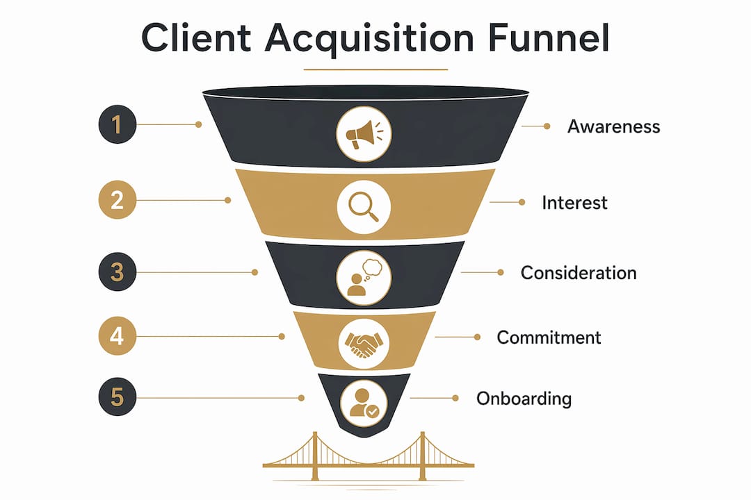 Infographic illustrating client acquisition funnel stages