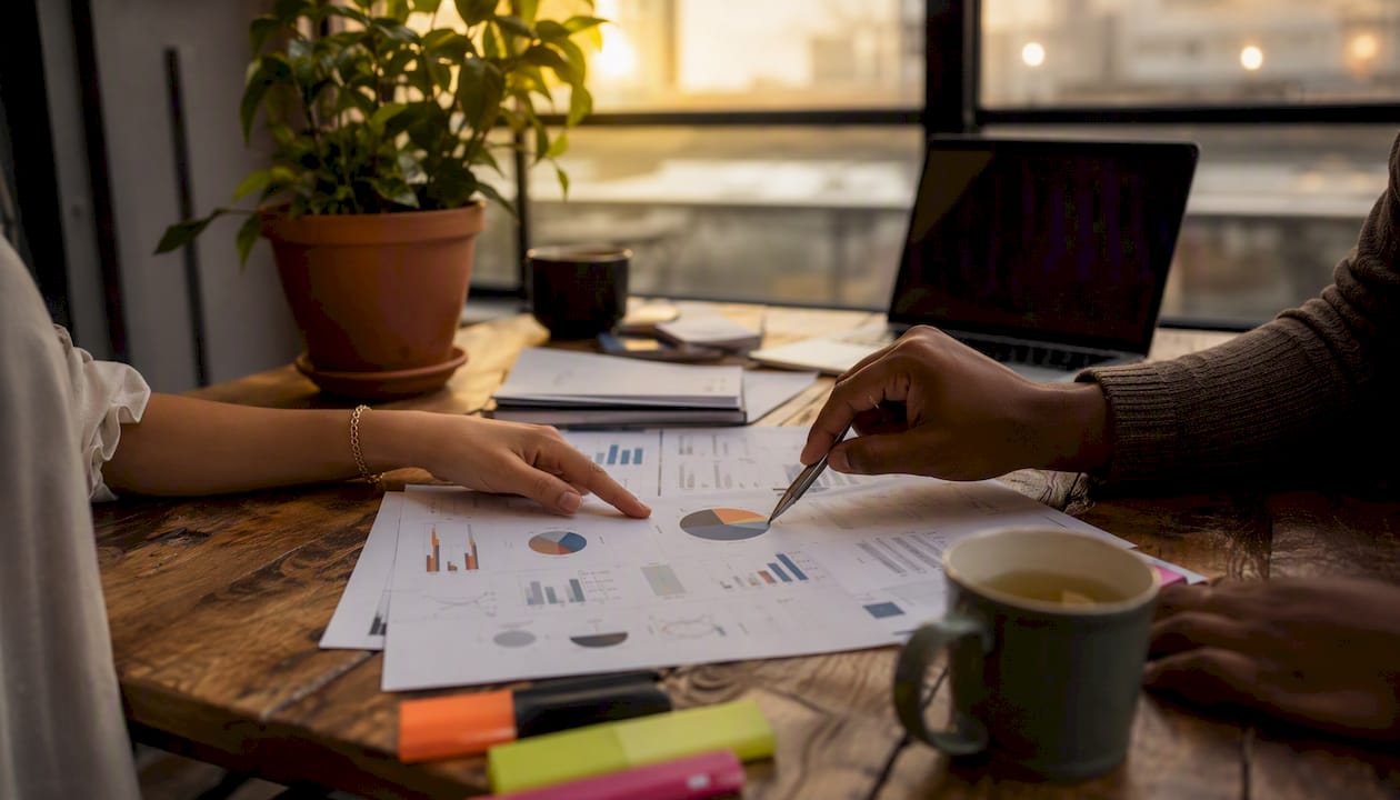 Hands reviewing printed ad metrics