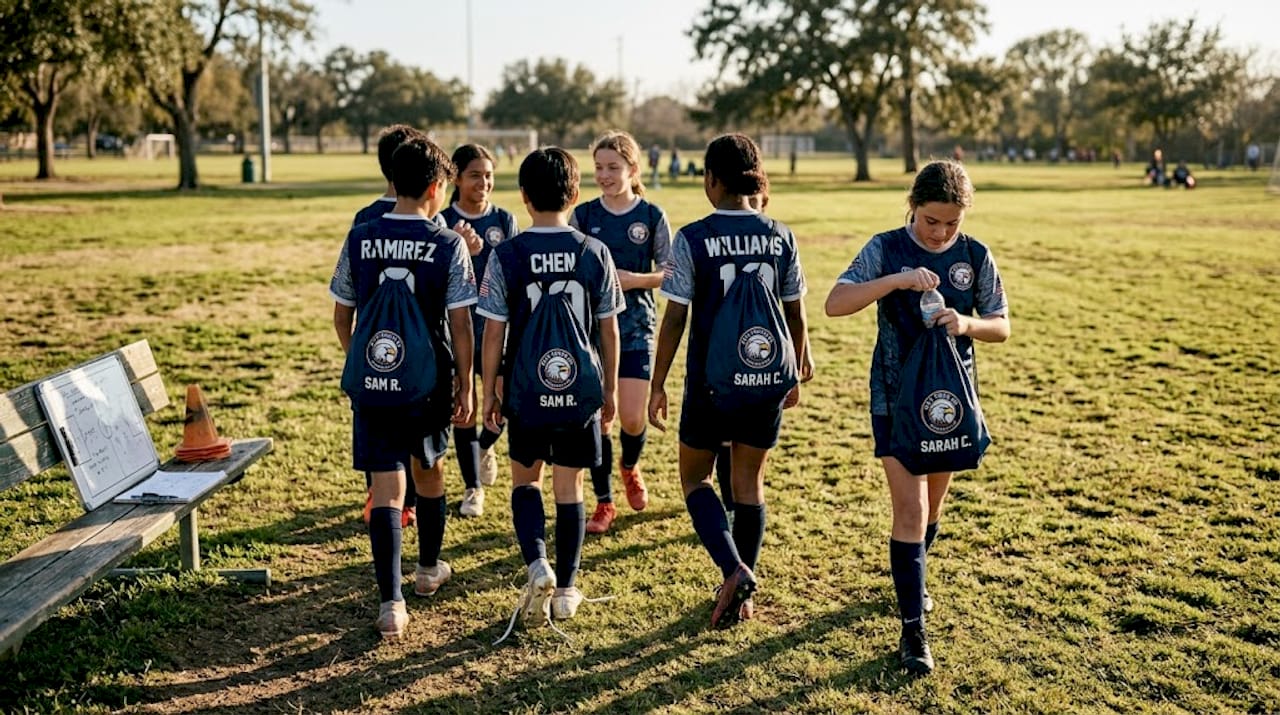 Soccer players in personalized team jerseys