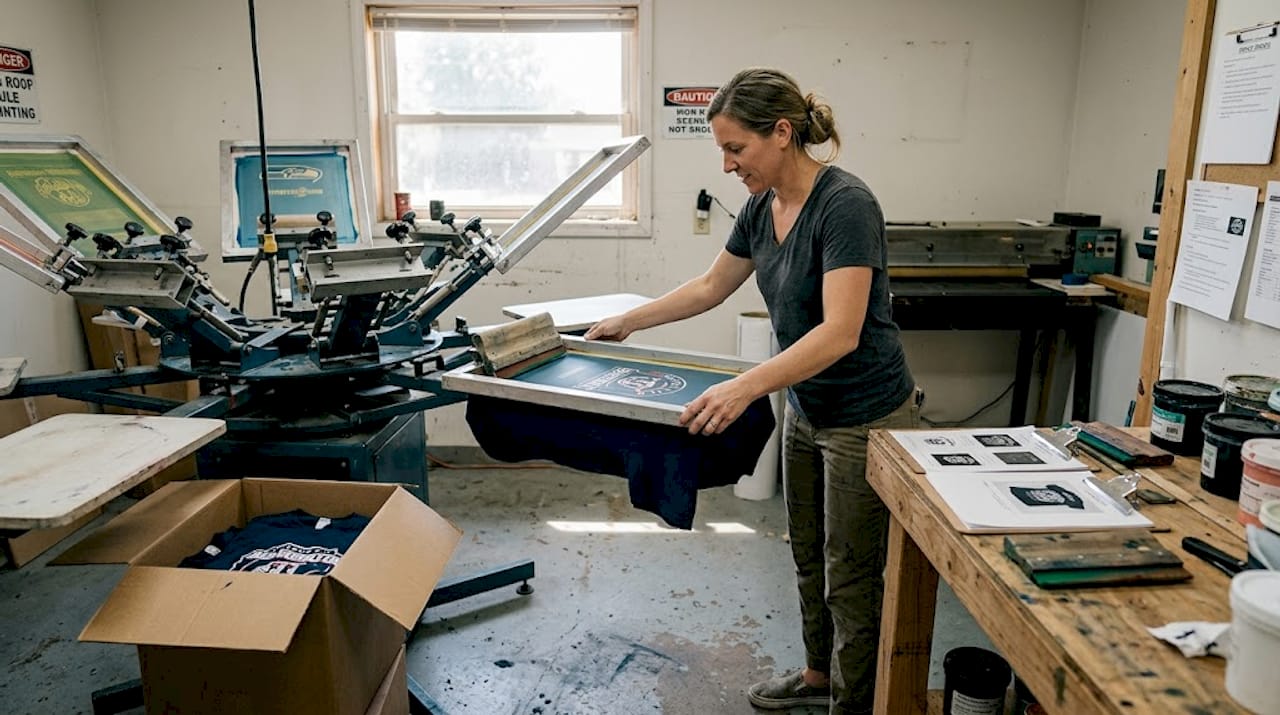 Technician screen printing team shirts in workshop