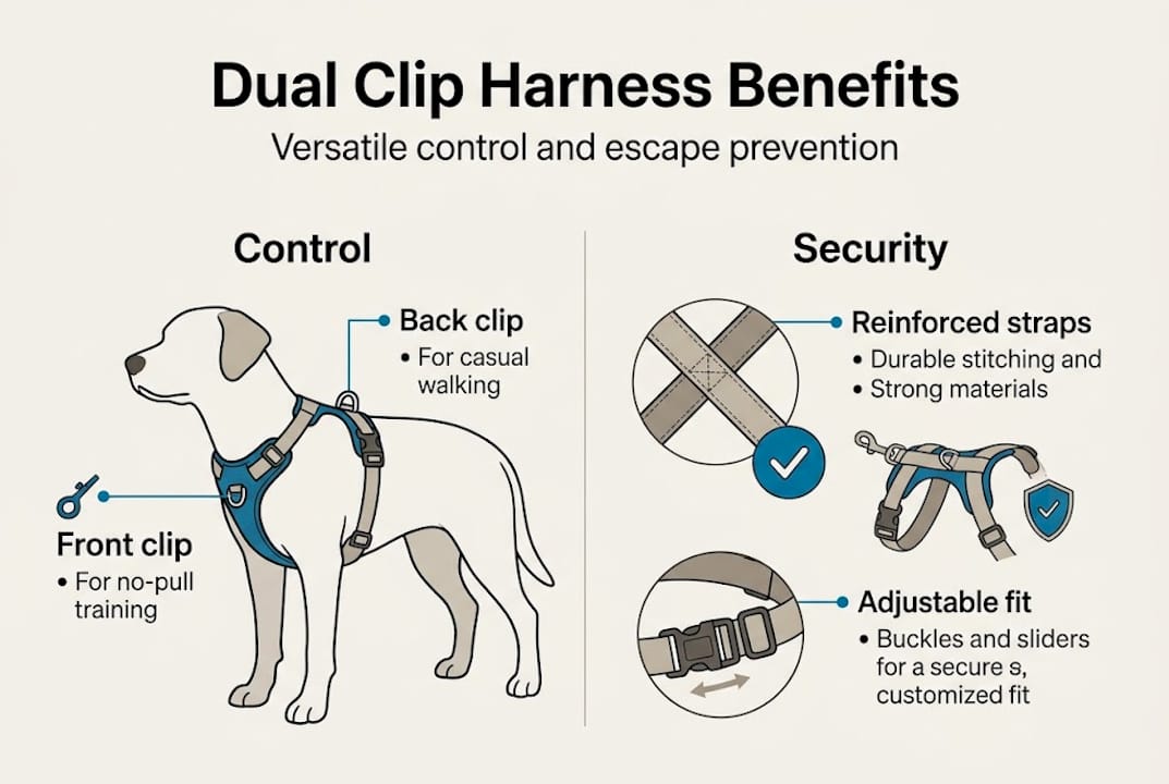 Infographic showing dual clip harness benefits