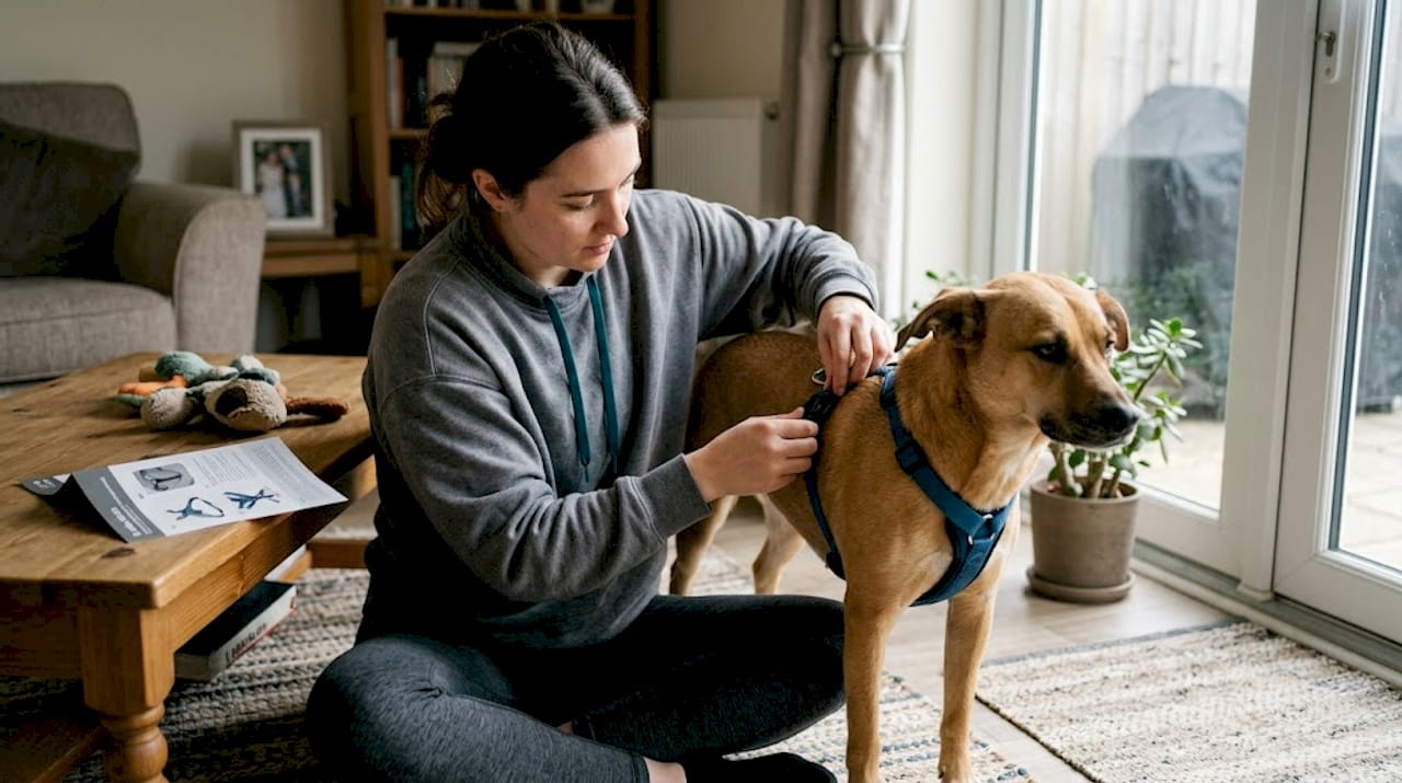 Adjusting dual clip harness on dog at home