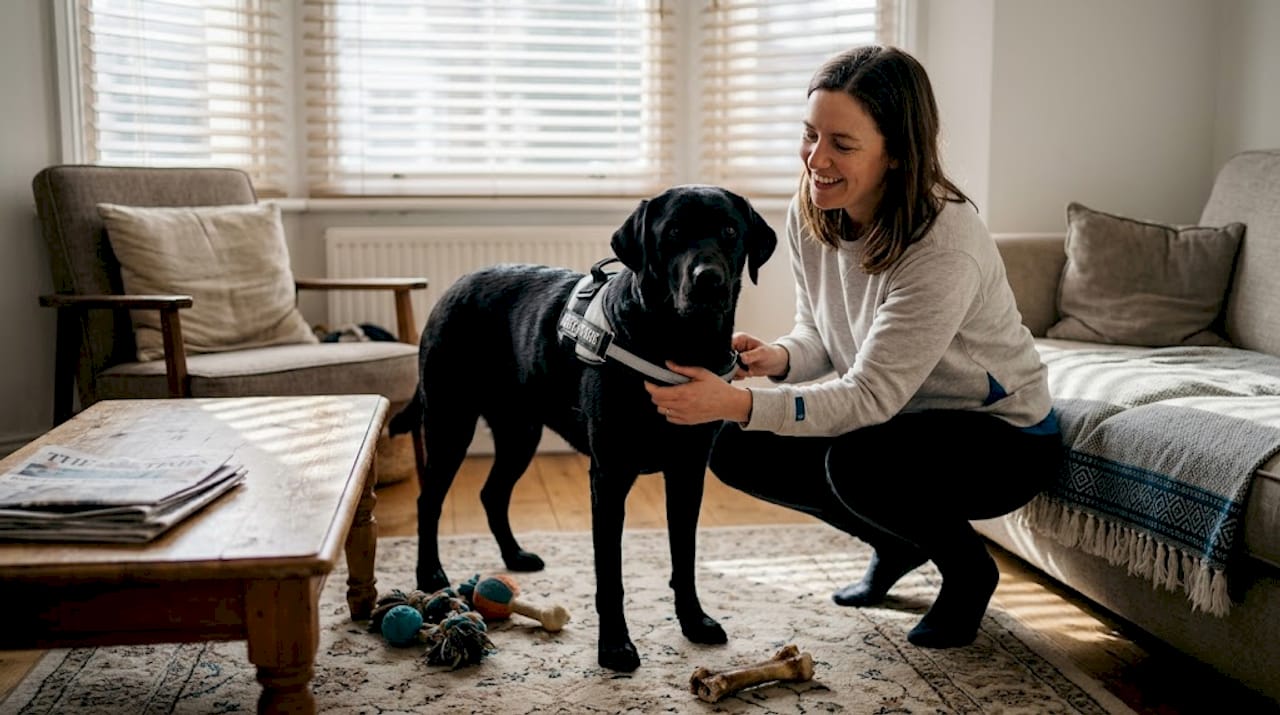 Owner fitting reflective harness on dog indoors