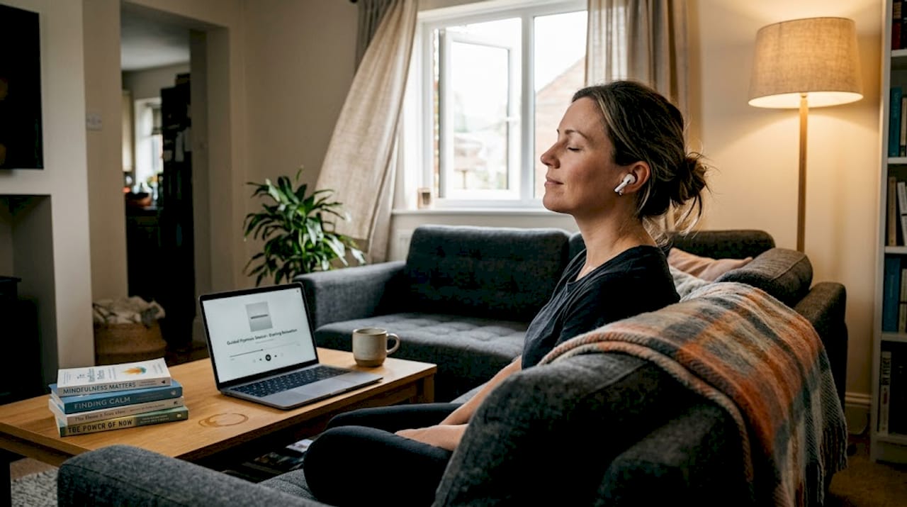 Woman listening to hypnosis session at home
