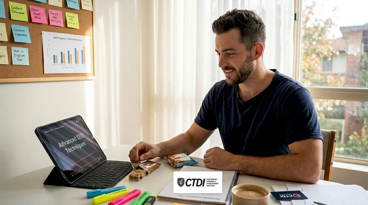 Marketing coordinator attending online course at home