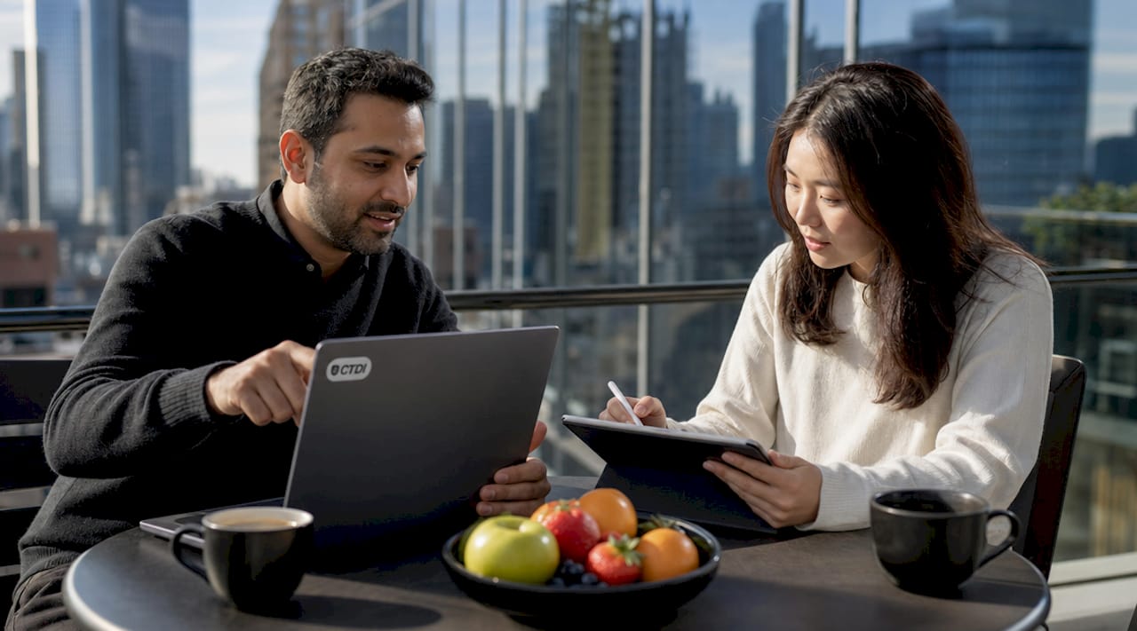 Employees collaborating in AI training session