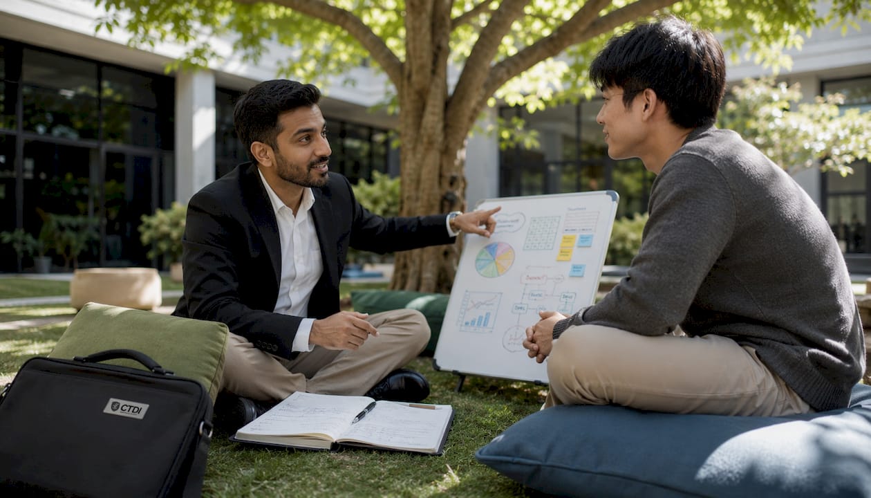 Career counselor advising international student in school office